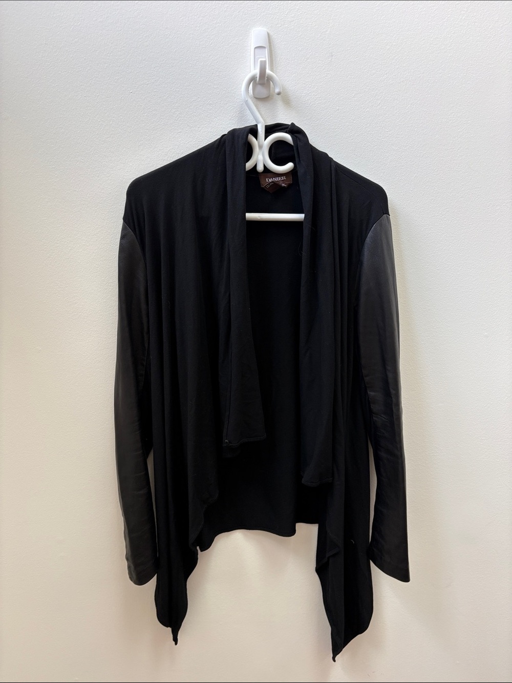 Danier Black Draped Open-Front Jacket with Leather Sleeves